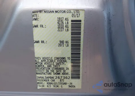 2017 Nissan Altima 2.5 S из США, поврежденный, VIN 1N4AL3AP6HC267362